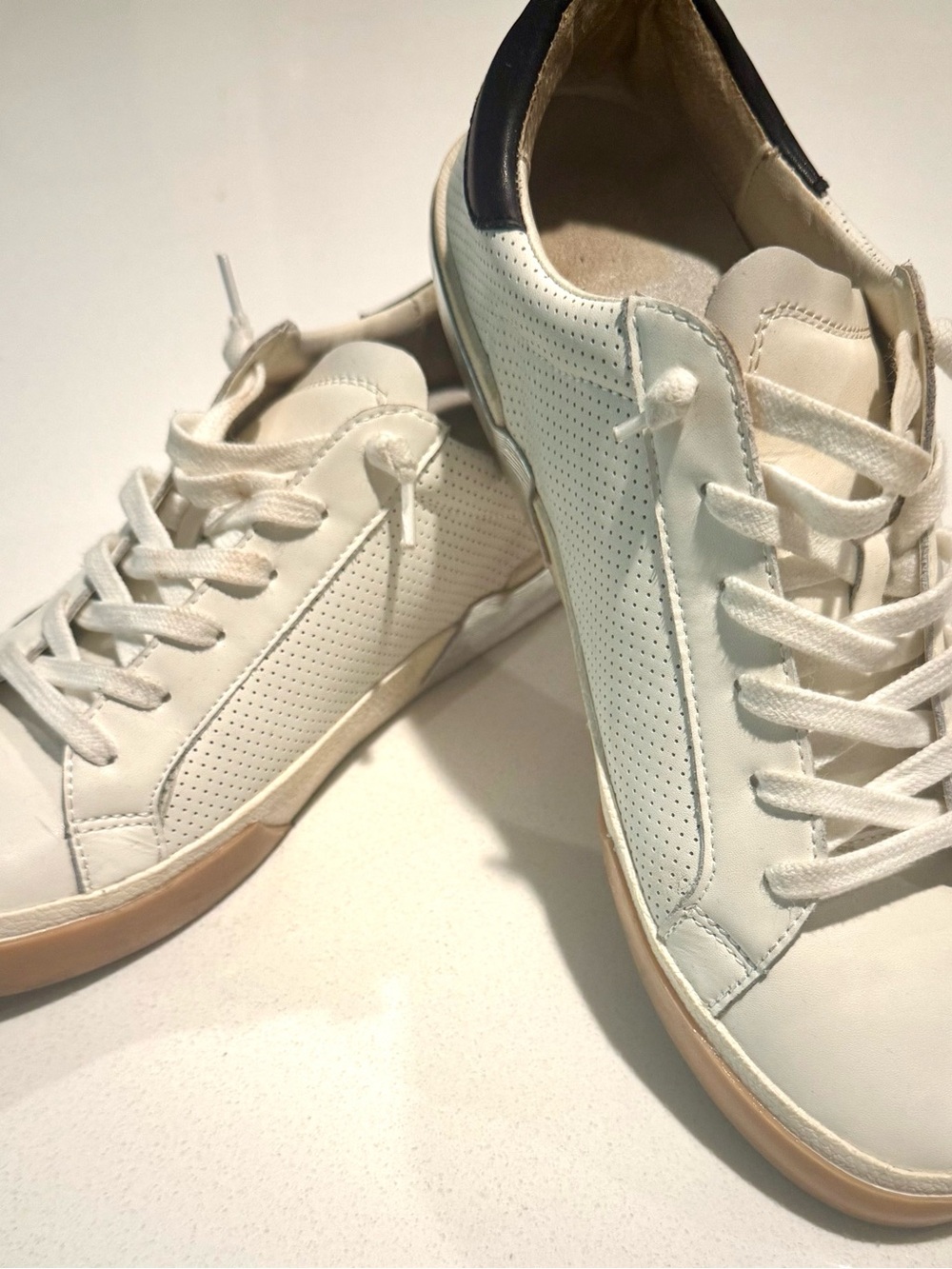Women’s White Leather Low-Top Sneakers with Navy Heel Accent